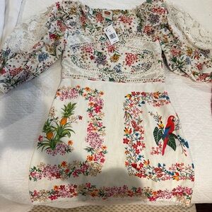 Farm Rio Delicate Forest Scarves Bonded Lace Linen-Blend Mini Dress - Size Med